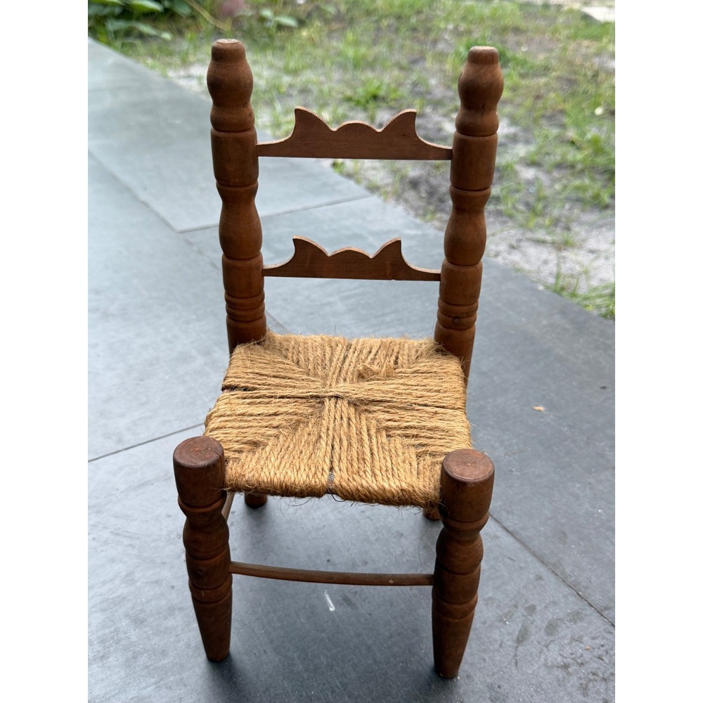 Vintage Miniature Ladderback Chair Brown Wood Woven Seat 12.5 inch Excellent